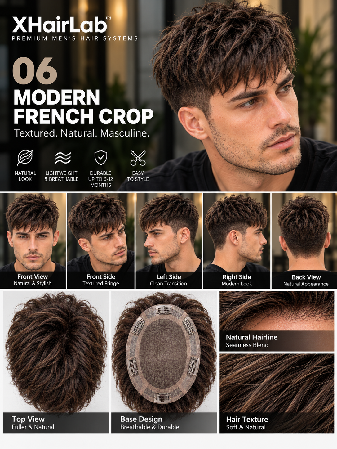 Modern French Crop Men's Hair System – Dark Brown Textured Toupee with Natural Fringe - Image 2