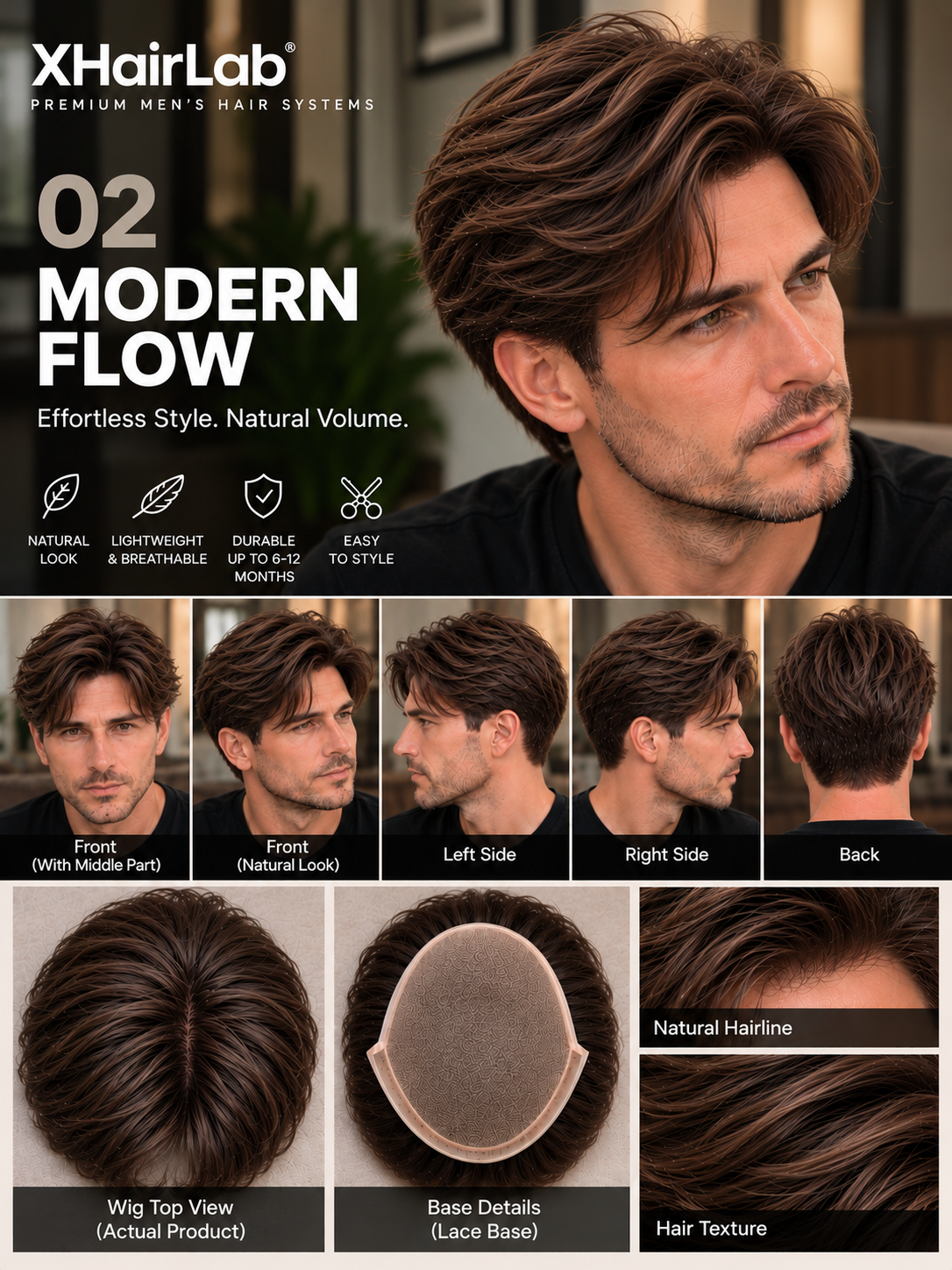Modern Flow Men's Hair System – Natural Middle Part & Voluminous Style - Image 2