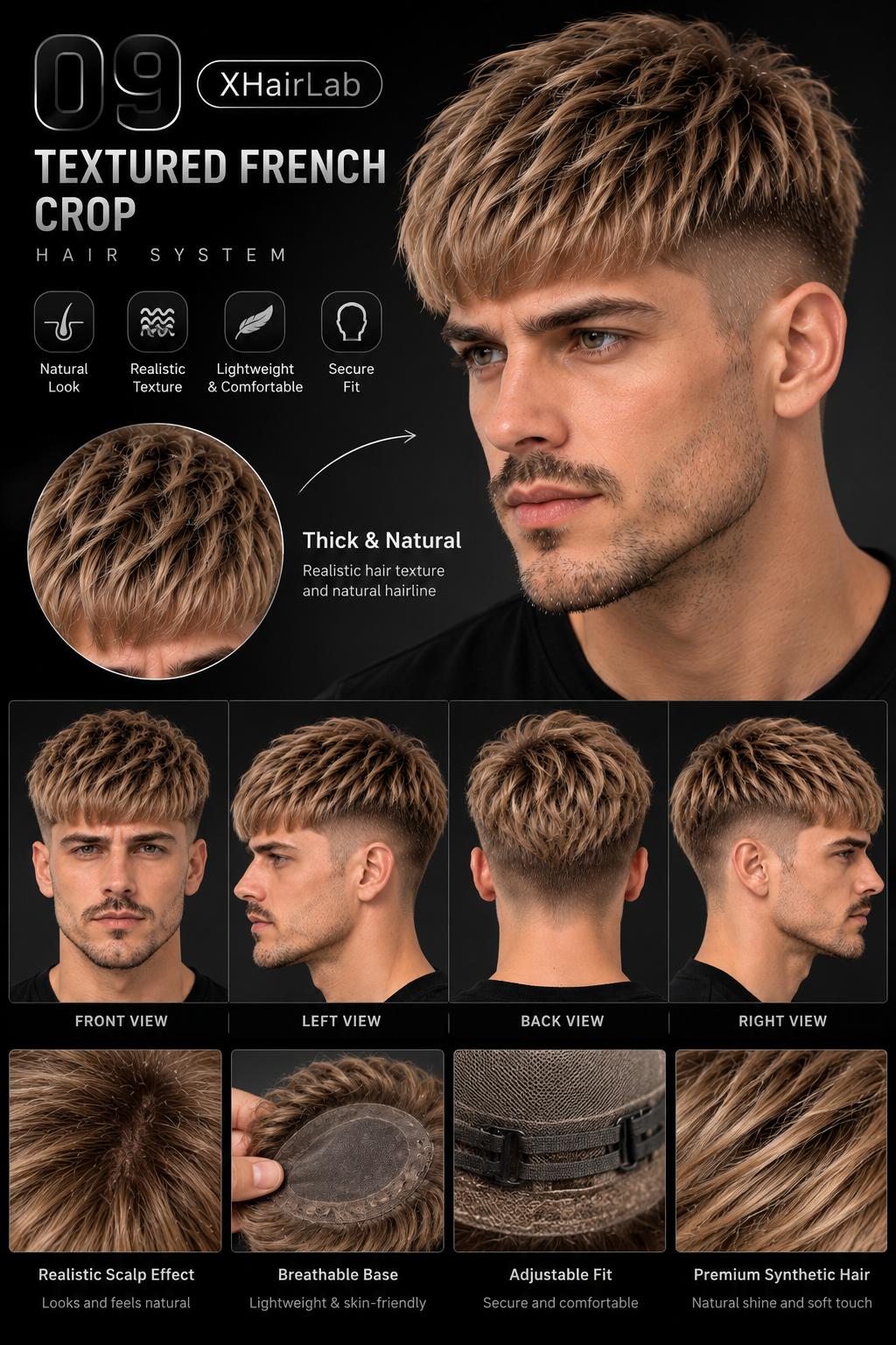 Textured French Crop Men's Hair System – Thick Ash Blonde Fringe Toupee | XHairLab - Image 2
