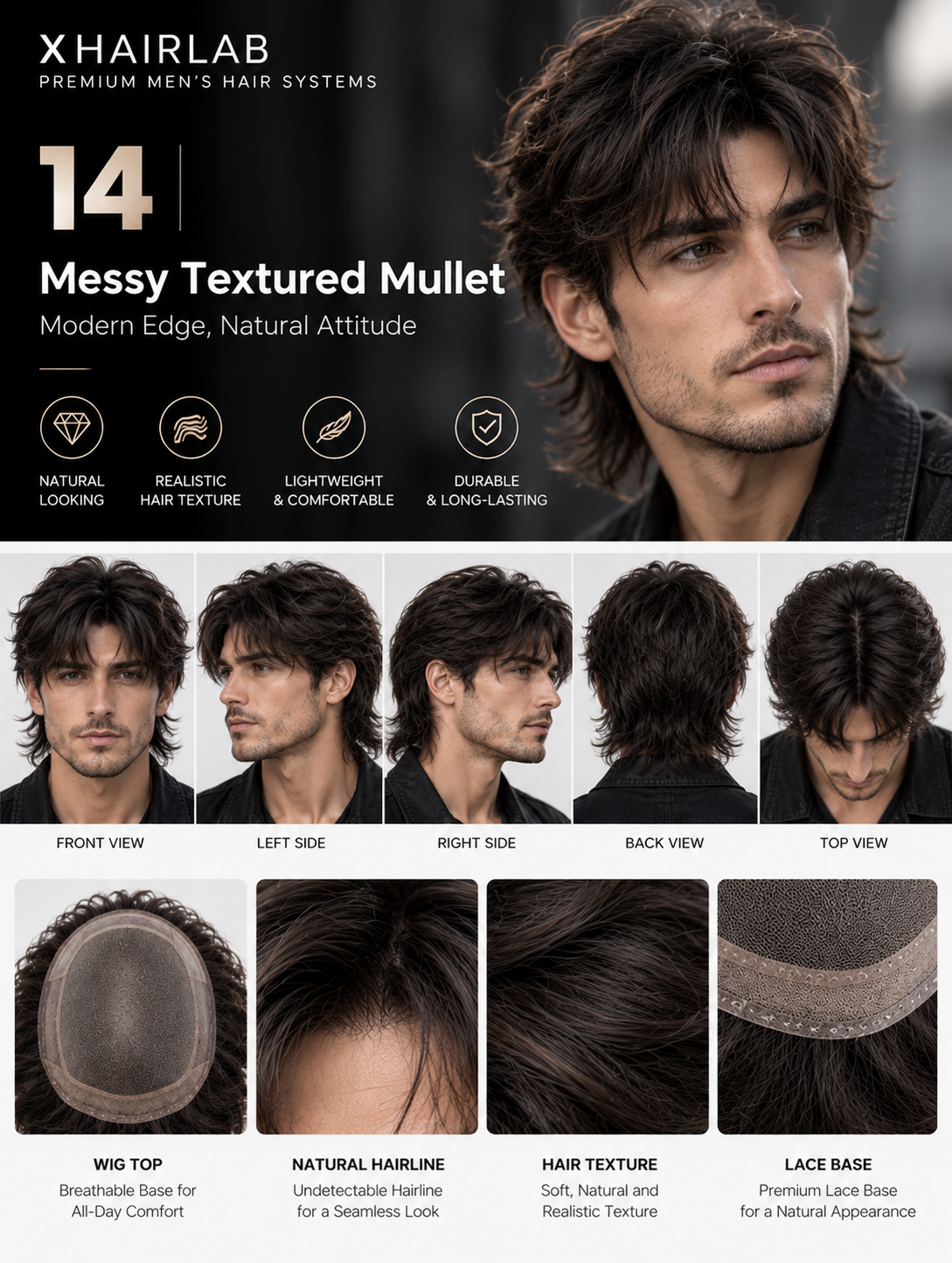 Messy Textured Mullet Men's Hair System – Natural Black Layered Wig | XHairLab - Image 2