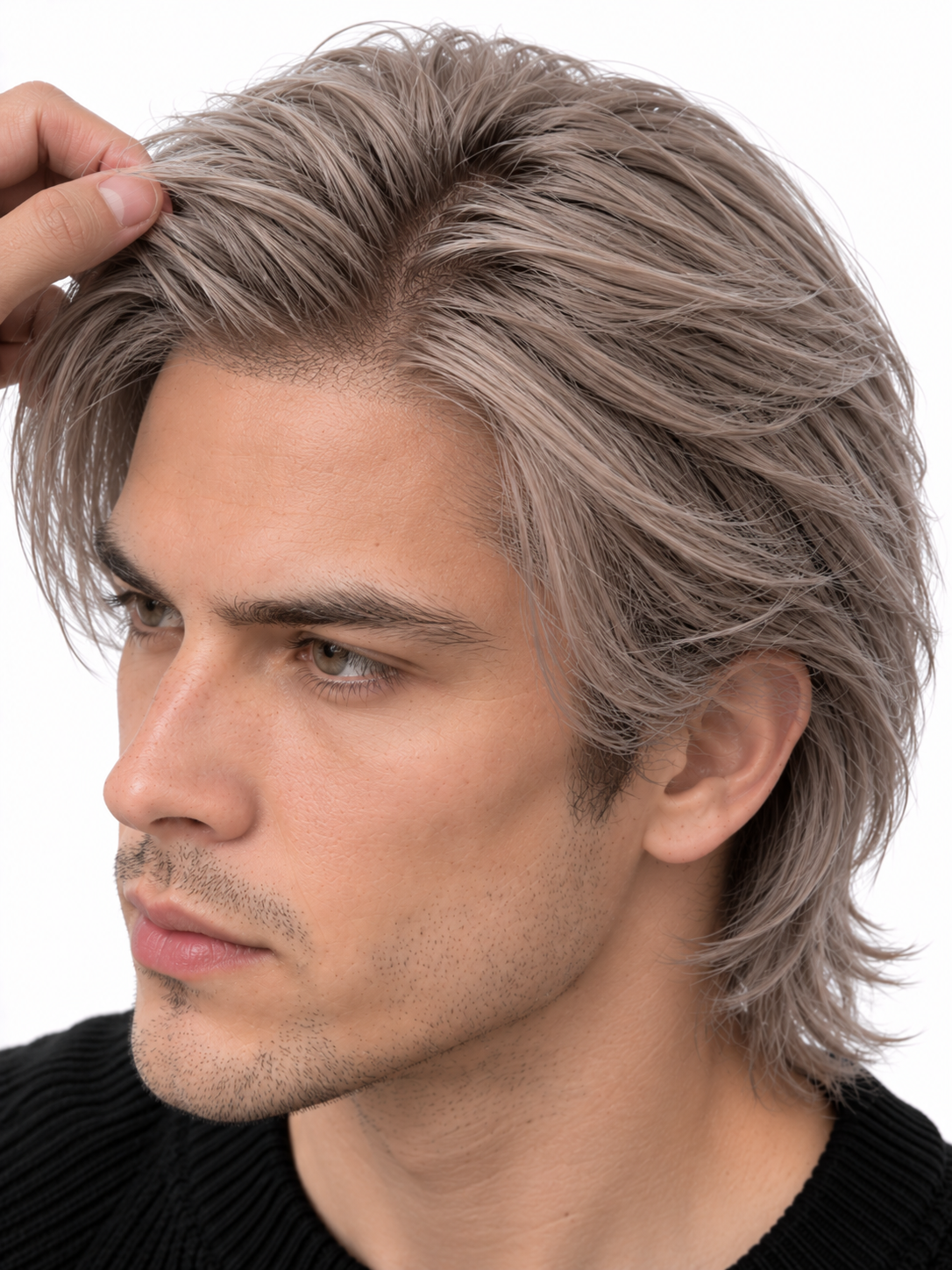 Modern Shaggy Layers Men's Hair System – Ash Silver Gray Layered Wig | XHairLab - Image 7