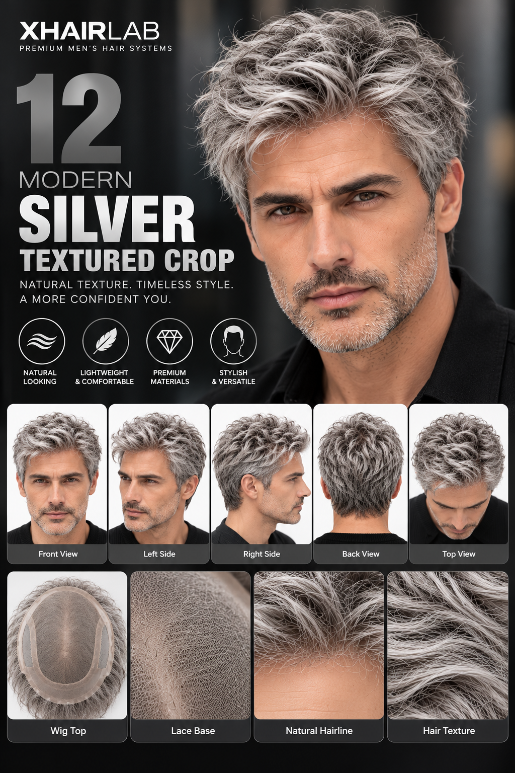 Modern Silver Textured Crop Men's Hair System – Voluminous Silver Gray Wig | XHairLab - Image 2