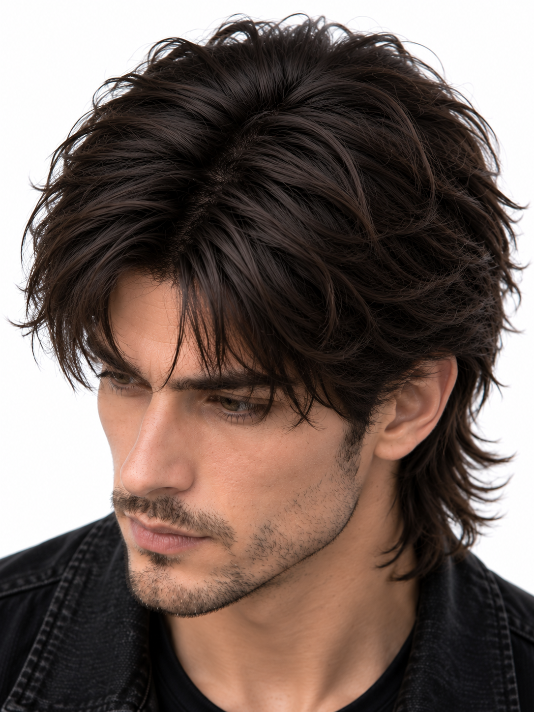 Messy Textured Mullet Men's Hair System – Natural Black Layered Wig | XHairLab - Image 3