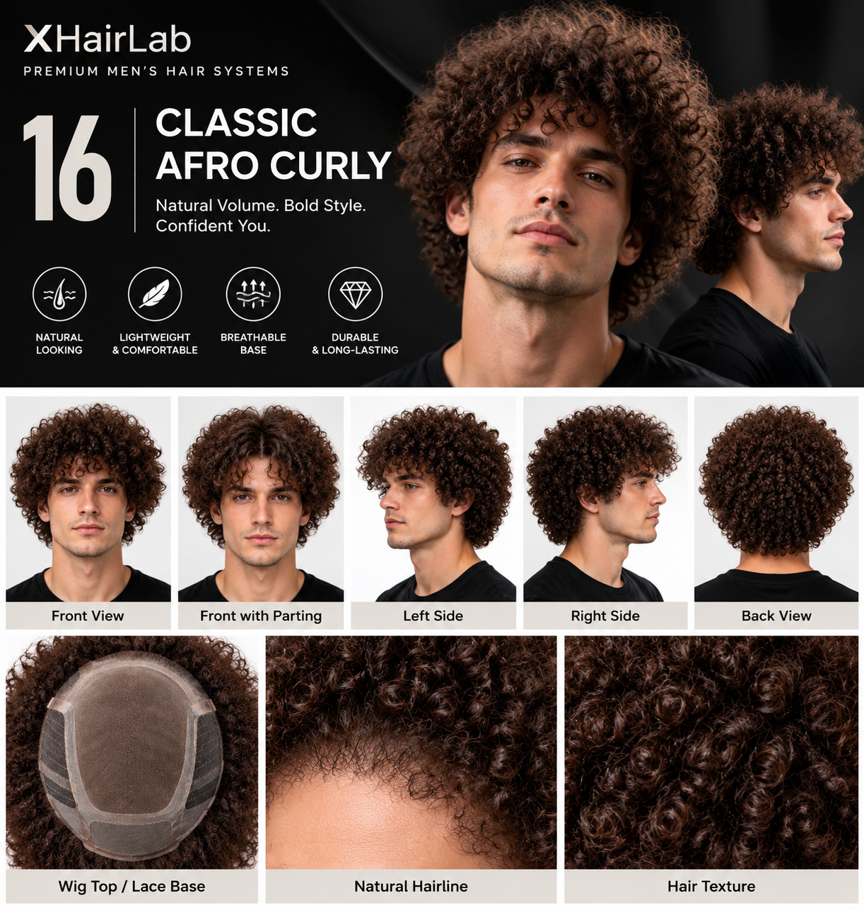 Classic Afro Curly Men's Hair System – Dark Brown Voluminous Curly Wig | XHairLab - Image 2