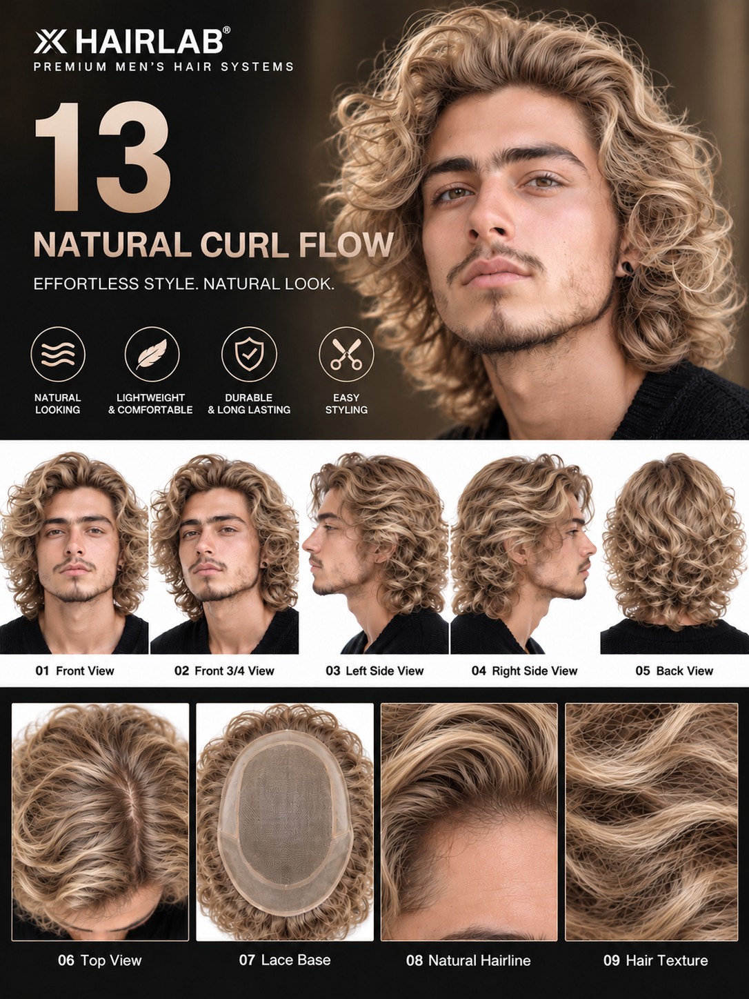 Natural Curl Flow Men's Hair System – Ash Blonde Medium-Length Curly Wig | XHairLab - Image 2