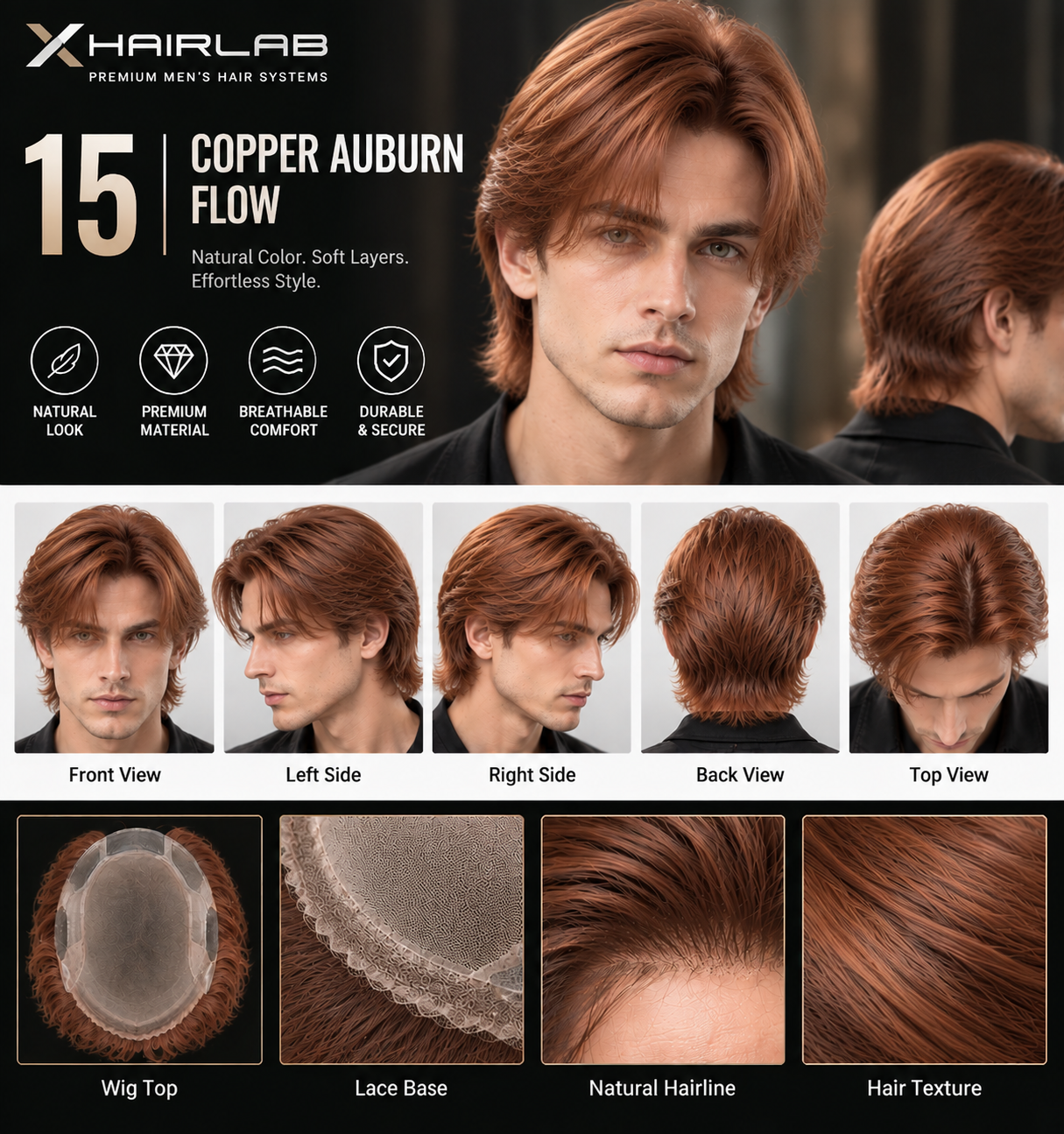 Copper Auburn Flow Men's Hair System – Smooth Medium-Length Layered Hair | XHairLab - Image 2