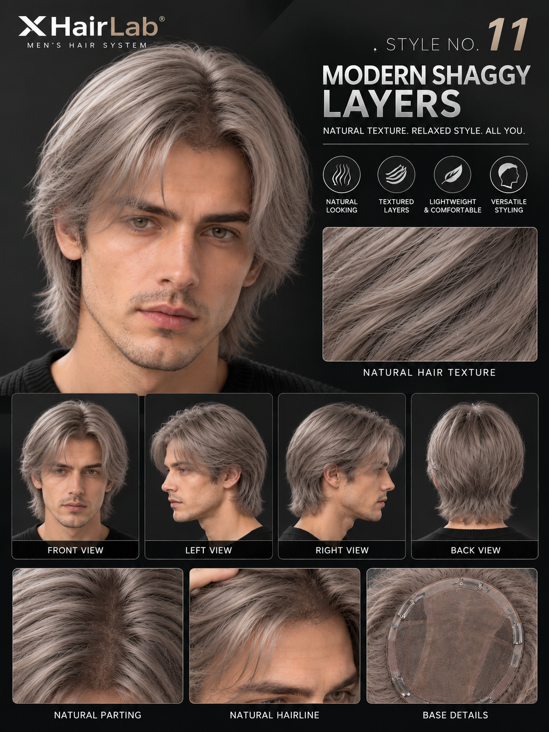 Modern Shaggy Layers Men's Hair System – Ash Silver Gray Layered Wig | XHairLab - Image 2